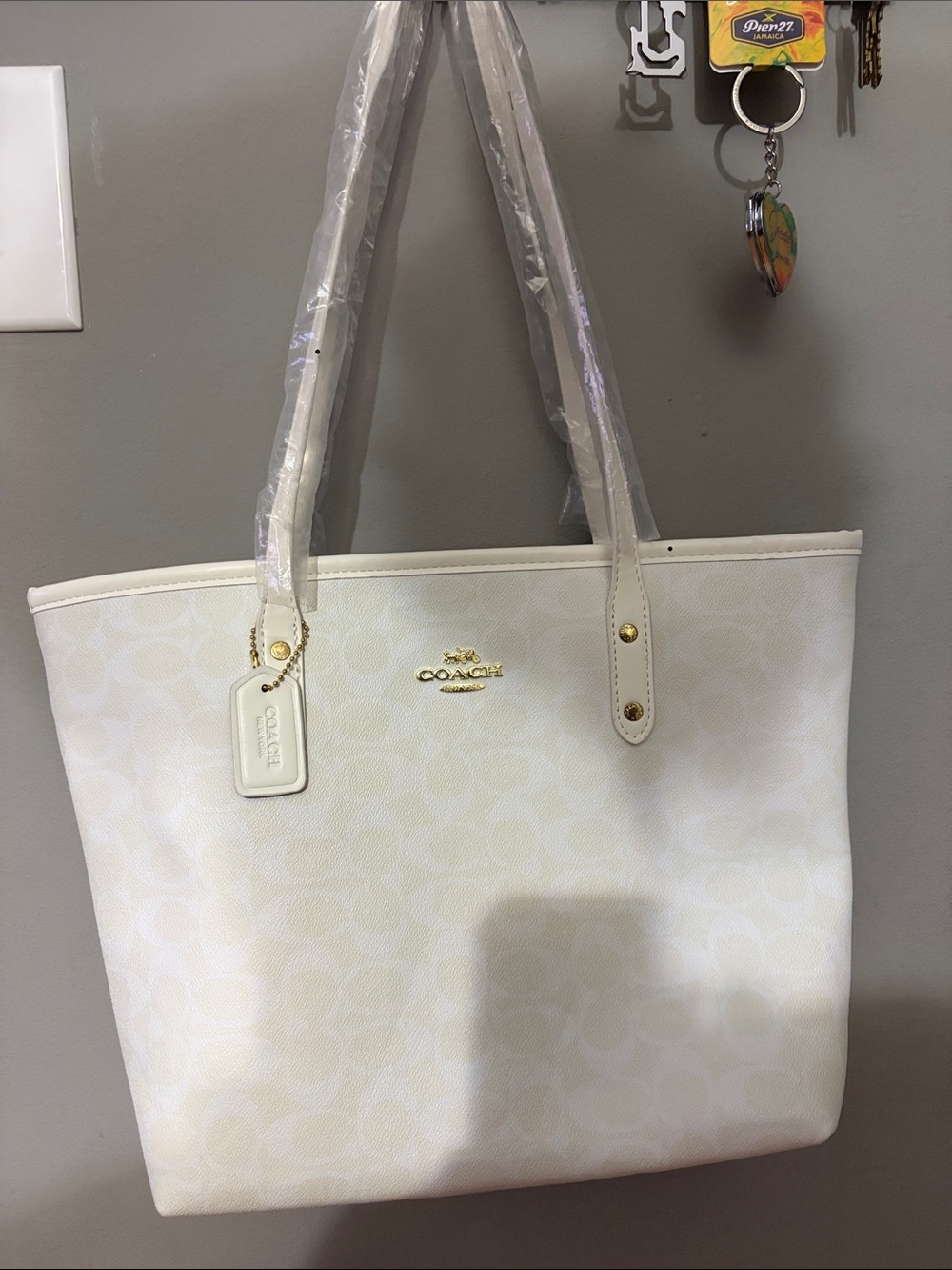 Coach Cream Signature Tote with Gold Hardware